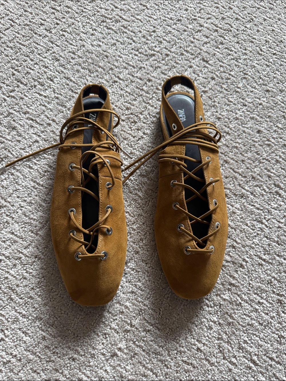 Zara Women's Suede Lace-Up Flats in Mustard Brown